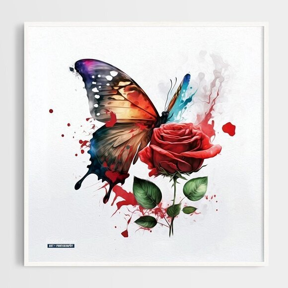 Butterfly with a Single Red‎ Rose Watercolor Oil Painting Art Print - Picture 3 of 7